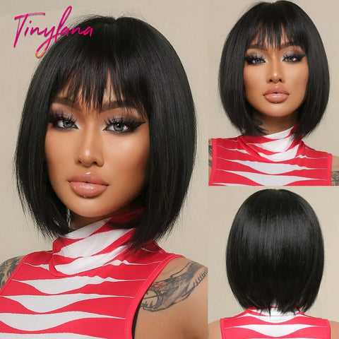 Medium Straight Synthetic Bob Wig Dark Black Brown Short Wigs With Bangs for Women Cosplay Daily Layered Hair Heat Resistant