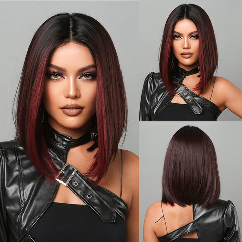 Medium Straight Synthetic Bob Wig Dark Black Brown Short Wigs With Bangs for Women Cosplay Daily Layered Hair Heat Resistant