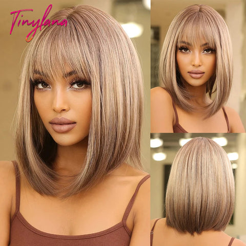 Medium Straight Synthetic Bob Wig Dark Black Brown Short Wigs With Bangs for Women Cosplay Daily Layered Hair Heat Resistant