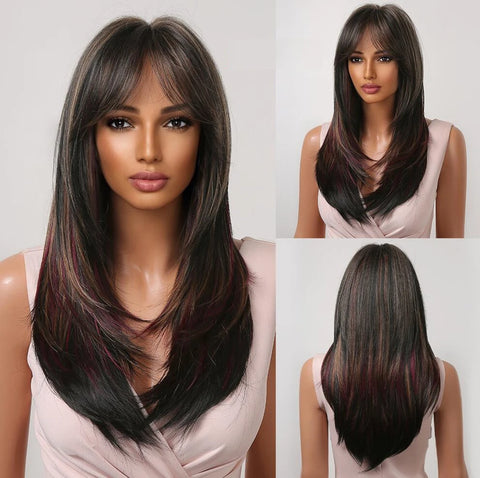 Gray Ash Blonde Pink Highlight Synthetic Hair Wigs with Bangs - Long Straight Ombre Cosplay Wig for Women