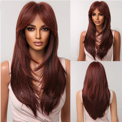 Gray Ash Blonde Pink Highlight Synthetic Hair Wigs with Bangs - Long Straight Ombre Cosplay Wig for Women