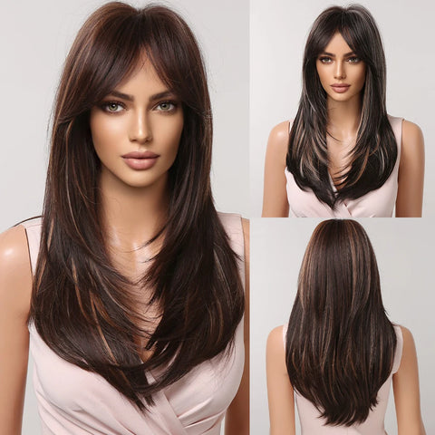 Black Red Ombre Synthetic Wigs for Cosplay - Long Straight Layered Wigs with Bangs for Women