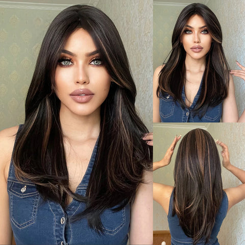 Black Red Ombre Synthetic Wigs for Cosplay - Long Straight Layered Wigs with Bangs for Women