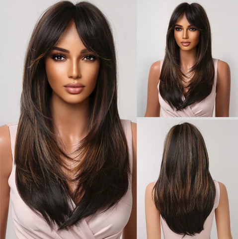 Gray Ash Blonde Pink Highlight Synthetic Hair Wigs with Bangs - Long Straight Ombre Cosplay Wig for Women