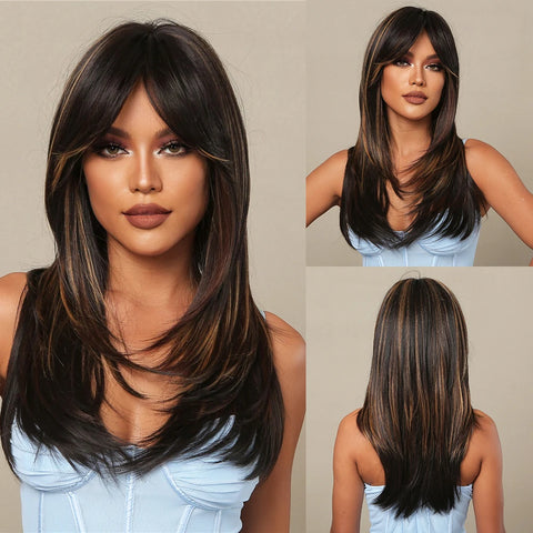 Black Red Ombre Synthetic Wigs for Cosplay - Long Straight Layered Wigs with Bangs for Women