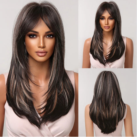 Gray Ash Blonde Pink Highlight Synthetic Hair Wigs with Bangs - Long Straight Ombre Cosplay Wig for Women