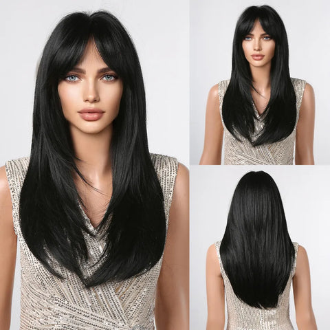 Black Red Ombre Synthetic Wigs for Cosplay - Long Straight Layered Wigs with Bangs for Women