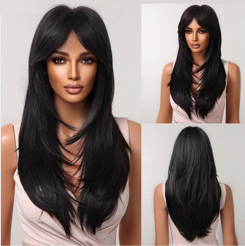 Gray Ash Blonde Pink Highlight Synthetic Hair Wigs with Bangs - Long Straight Ombre Cosplay Wig for Women