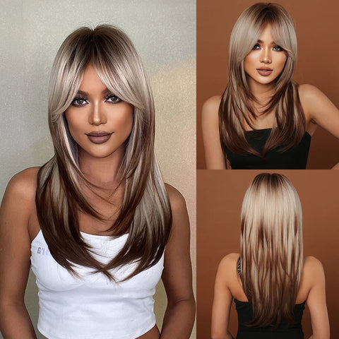 Black Red Ombre Synthetic Wigs for Cosplay - Long Straight Layered Wigs with Bangs for Women