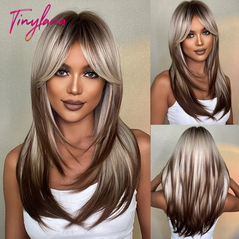 Gray Ash Blonde Pink Highlight Synthetic Hair Wigs with Bangs - Long Straight Ombre Cosplay Wig for Women