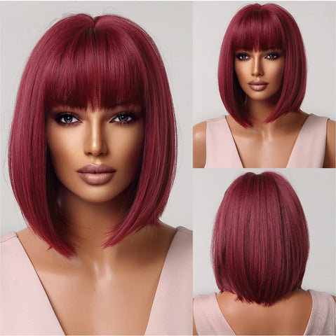 Medium Straight Synthetic Bob Wig Dark Black Brown Short Wigs With Bangs for Women Cosplay Daily Layered Hair Heat Resistant
