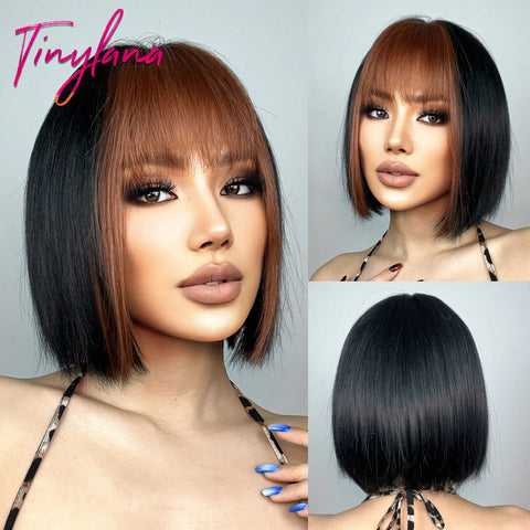 Medium Straight Synthetic Bob Wig Dark Black Brown Short Wigs With Bangs for Women Cosplay Daily Layered Hair Heat Resistant
