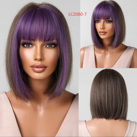 Medium Straight Synthetic Bob Wig Dark Black Brown Short Wigs With Bangs for Women Cosplay Daily Layered Hair Heat Resistant