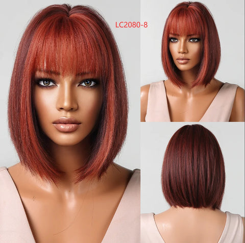 Medium Straight Synthetic Bob Wig Dark Black Brown Short Wigs With Bangs for Women Cosplay Daily Layered Hair Heat Resistant