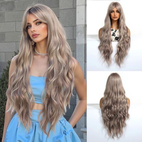EASIHAIR Long Wavy Brown Synthetic Wigs for Women - Natural Curly Hair with Bangs for Daily Use and Cosplay