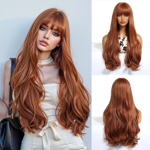 EASIHAIR Long Wavy Brown Synthetic Wigs for Women - Natural Curly Hair with Bangs for Daily Use and Cosplay