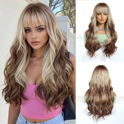 EASIHAIR Long Wavy Brown Synthetic Wigs for Women - Natural Curly Hair with Bangs for Daily Use and Cosplay