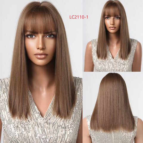 Medium Straight Synthetic Bob Wig Dark Black Brown Short Wigs With Bangs for Women Cosplay Daily Layered Hair Heat Resistant
