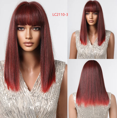 Medium Straight Synthetic Bob Wig Dark Black Brown Short Wigs With Bangs for Women Cosplay Daily Layered Hair Heat Resistant