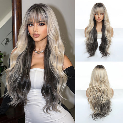 EASIHAIR Long Wavy Brown Synthetic Wigs for Women - Natural Curly Hair with Bangs for Daily Use and Cosplay