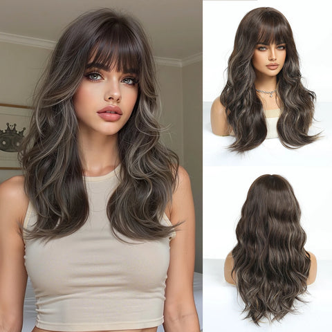 EASIHAIR Long Wavy Brown Synthetic Wigs for Women - Natural Curly Hair with Bangs for Daily Use and Cosplay