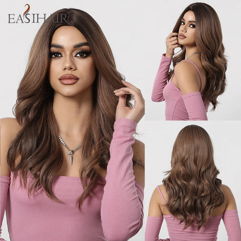 EASIHAIR Long Wavy Brown Synthetic Wig for Women with Side Bangs - Natural Look, Heat Resistant for Daily Wear