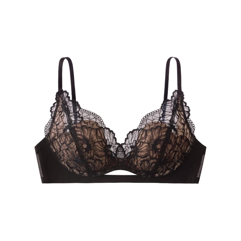 SUJIIN Women's Wireless Push Up Lace Bra - Black