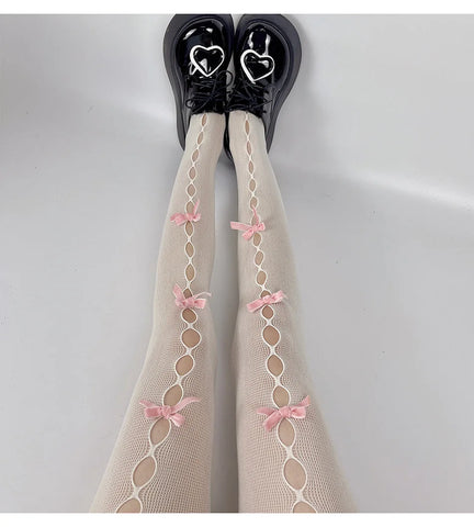 Lolita Cosplay Girls Bowknot Hollow Out Pantyhose - Elegant Lace Tights for Anime Lovers