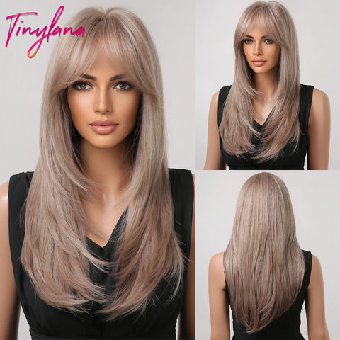Gray Ash Blonde Pink Highlight Synthetic Hair Wigs with Bangs - Long Straight Ombre Cosplay Wig for Women