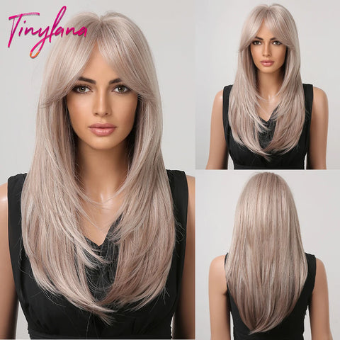 Gray Ash Blonde Pink Highlight Synthetic Hair Wigs with Bangs - Long Straight Ombre Cosplay Wig for Women