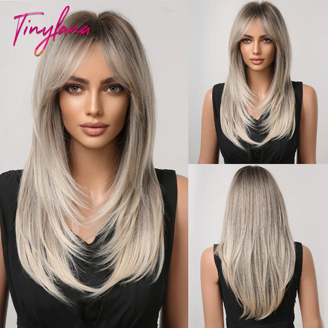 Gray Ash Blonde Pink Highlight Synthetic Hair Wigs with Bangs - Long Straight Ombre Cosplay Wig for Women