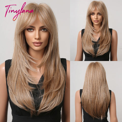 Gray Ash Blonde Pink Highlight Synthetic Hair Wigs with Bangs - Long Straight Ombre Cosplay Wig for Women