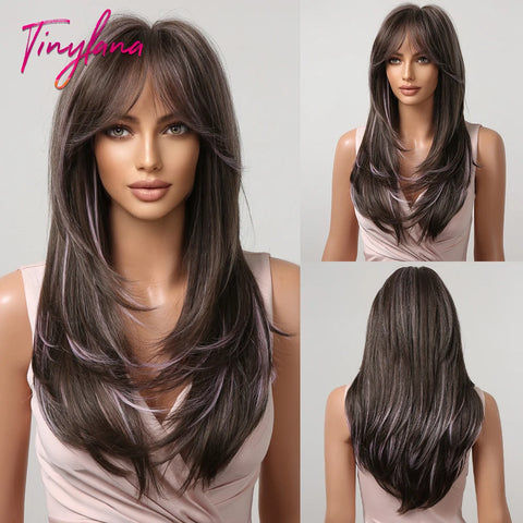 Gray Ash Blonde Pink Highlight Synthetic Hair Wigs with Bangs - Long Straight Ombre Cosplay Wig for Women