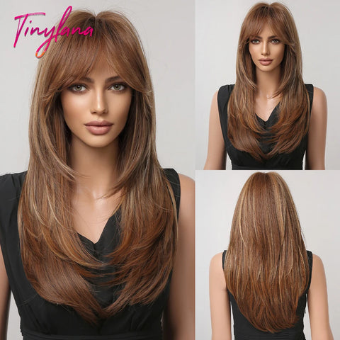 Gray Ash Blonde Pink Highlight Synthetic Hair Wigs with Bangs - Long Straight Ombre Cosplay Wig for Women
