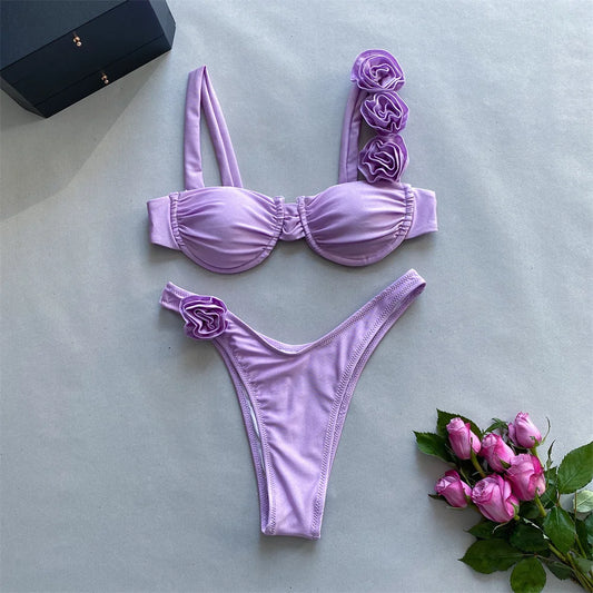 Para Praia 2025 Sexy Swimwear 3D Flower Pleated Bandeau Bikini Set