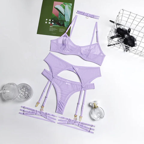 4-Piece Lace Bra Set Women Mesh Panty Underwear Set - 8 Colors Transparent Sexy Lingerie Set
