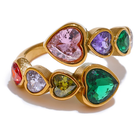 Yhpup Delicate Cubic Zirconia Heart Stainless Steel Gold Color Adjustable Ring