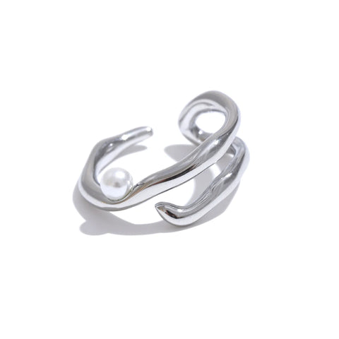 Yhpup Stylish Unique Stainless Steel Pearls Geometric Open Chic Ring for Women