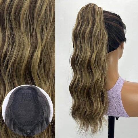 Synthetic Long Wavy Ponytail Hair Extension - 18 Inch Brown Blonde Mix