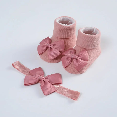 Knitted Cotton Baby Girl Socks with Headband