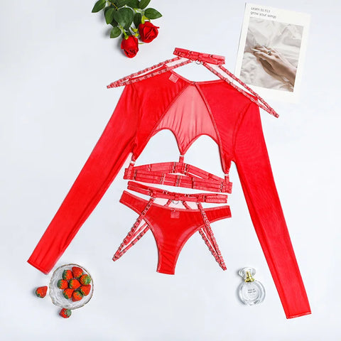 4-Piece Gothic Lingerie Set for Women - 11 Colors - Backless Fancy Black Halter Mesh Bandage Exotic Sets