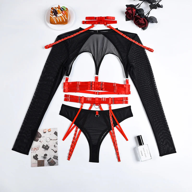4-Piece Gothic Lingerie Set for Women - 11 Colors - Backless Fancy Black Halter Mesh Bandage Exotic Sets
