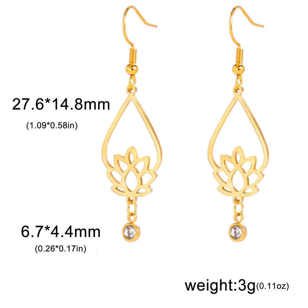 Skyrim Lotus Flower Rhinestone Dangle Earrings - Gold Stainless Steel Bohemian Jewelry for Women