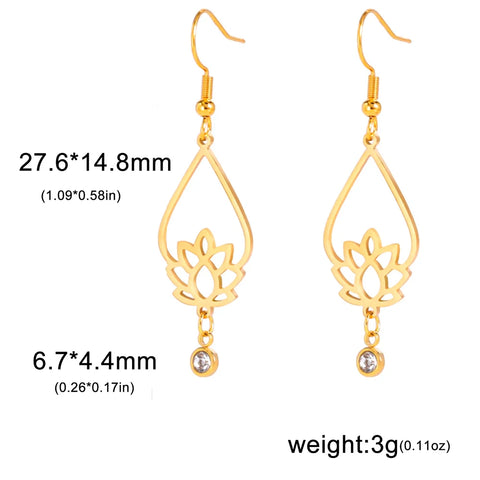 Skyrim Lotus Flower Rhinestone Dangle Earrings - Gold Stainless Steel Bohemian Jewelry for Women