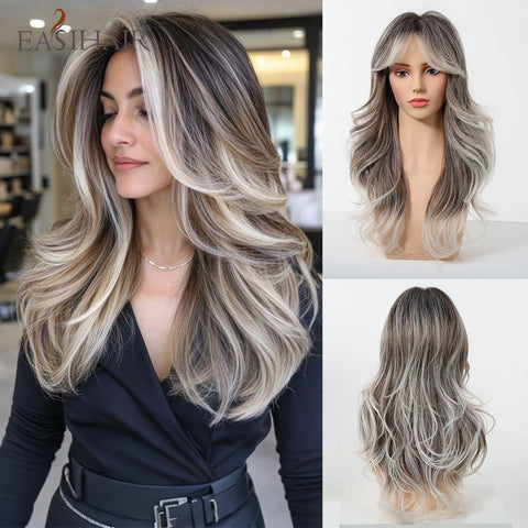 EASIHAIR Long Brown Ombre Synthetic Wigs for Women - Natural Wavy Cosplay Wig