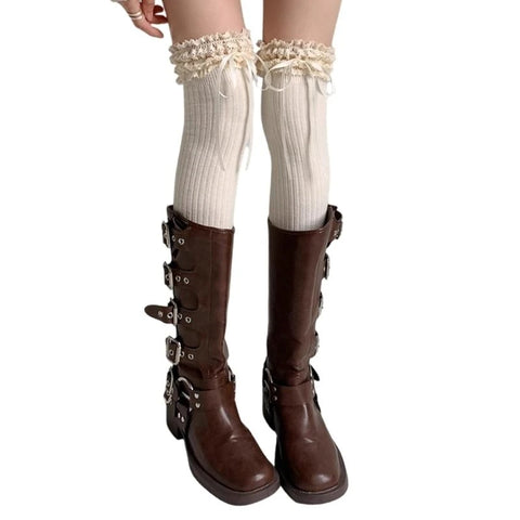 Women’s Lolita Fishnet Thigh High Socks - Japanese Style Heart Striped Lace Patterned Over Knee Long Stockings