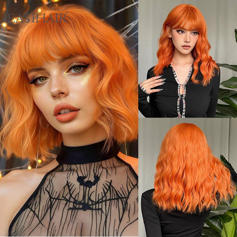 EASIHAIR Dark Brown Wavy Bob Wig with Bangs - Synthetic Heat Resistant Medium Length Wig for Women