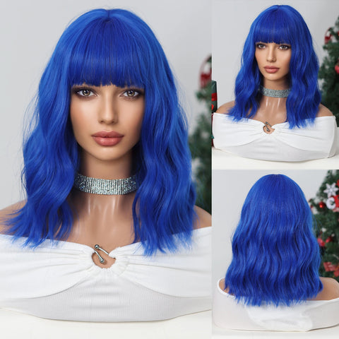EASIHAIR Dark Brown Wavy Bob Wig with Bangs - Synthetic Heat Resistant Medium Length Wig for Women