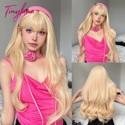 Light Pink Long Wavy Cosplay Synthetic Hair Wig with Bangs - Perfect for Halloween and Daily Wear
