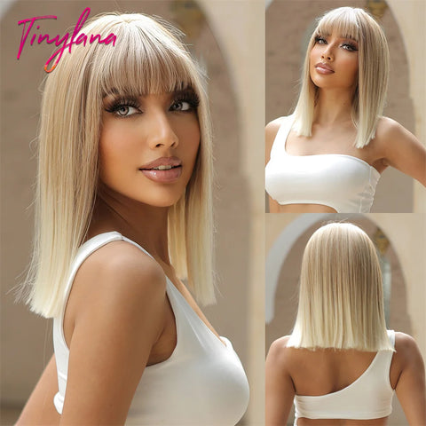 Light Brown Blonde Synthetic Wigs with Bangs - Short Bob for Daily Use, Cosplay, and Halloween | Heat Resistant